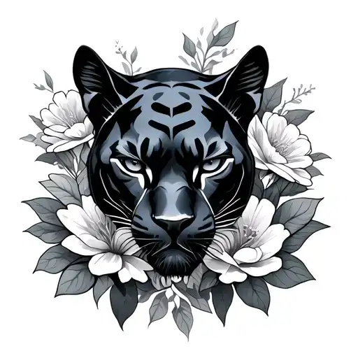 black panther with flowers tattoo design idea
