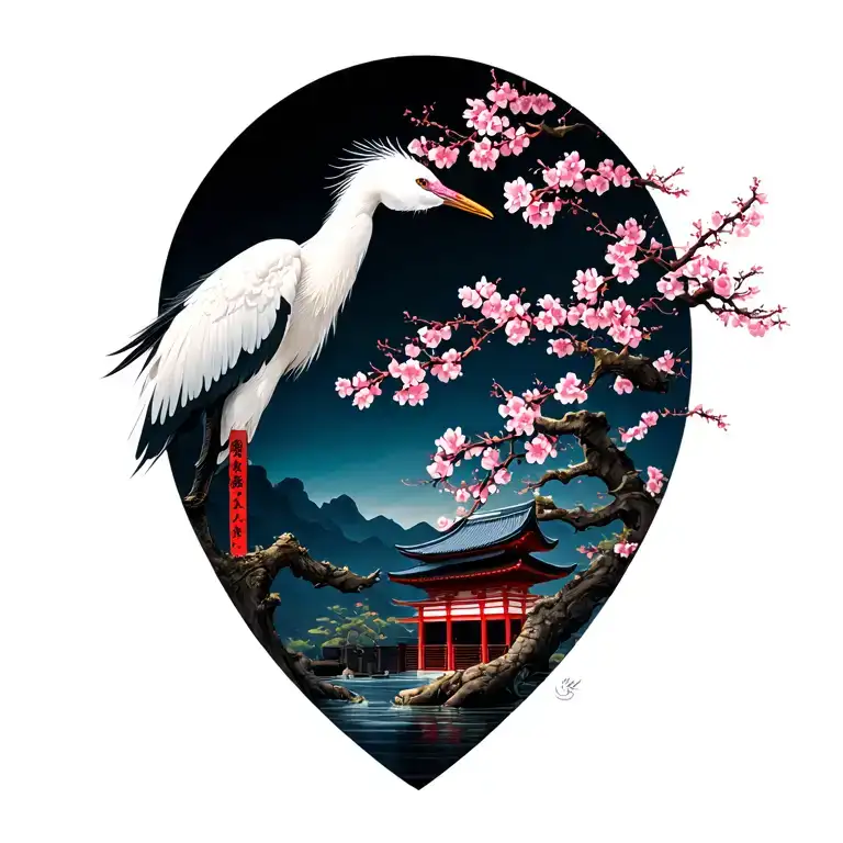 Japanese temple crane water cherry blossom tree tattoo design idea