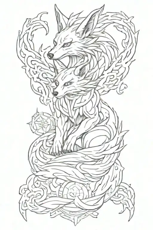 nine tails fox, cyber sigilism tattoo design idea