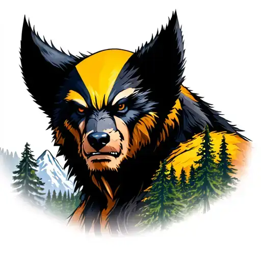 a real Wolverine animal overlooking mountain and forest tattoo design idea
