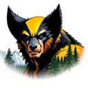 a real Wolverine animal overlooking mountain and forest tattoo design idea