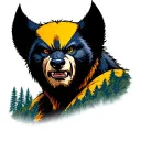 a real Wolverine animal overlooking mountain and forest tattoo design idea