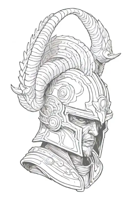 the geek god ares, rams horn helmet in a 3/4 view tattoo design idea
