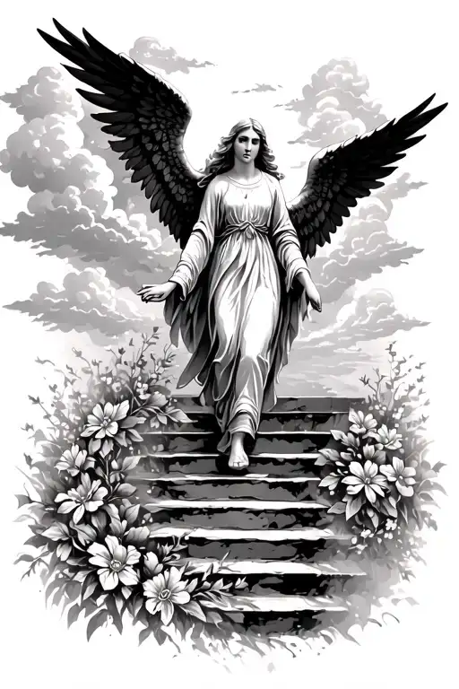 an angel walking up a stair case to heaven gates with clouds and flowers  tattoo design idea