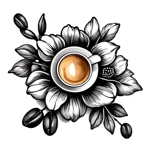 caffeine molecule with coffee flowers and coffee beans tattoo design idea