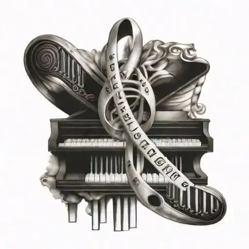 piano keys, lung cancer ribbon, the name Sharon tattoo design idea
