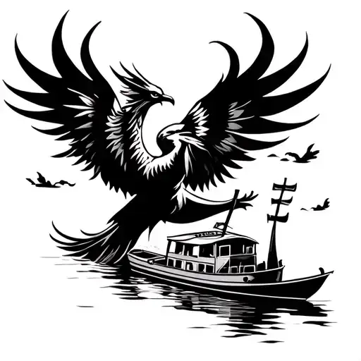 simple Tribal tattoo of Phoenix holding a scroll flying over canal with canal boat  tattoo design idea