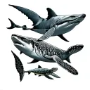 whale shark, hammerhead shark, silver tip shark, manta ray, beluga whale, and a green sea turtle  tattoo design idea