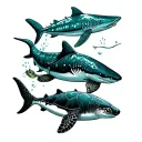 whale shark, hammerhead shark, silver tip shark, manta ray, beluga whale, and a green sea turtle  tattoo design idea