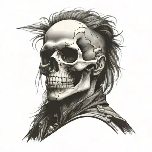 Skeleton: Emphasize the rebellious stance – arms crossed or a slouchy pose that conveys attitude.  Hairstyle: A bold pom tattoo design idea