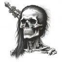 Skeleton: Emphasize the rebellious stance – arms crossed or a slouchy pose that conveys attitude.  Hairstyle: A bold pom tattoo design idea