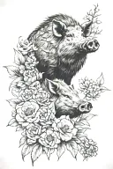wild boar head and flowers   tattoo design idea