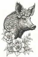 wild boar head and flowers   tattoo design idea