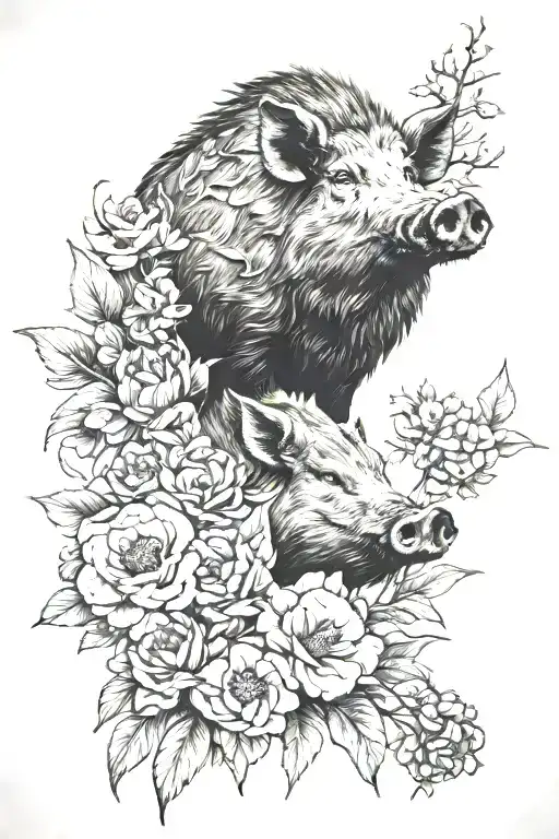 wild boar head and flowers   tattoo design idea