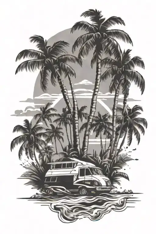 sleve miami vice  tattoo with beach and coconut trees etc tattoo design idea
