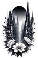 A futuristic cyberpunk cityscape with hidden gaming references intertwined with delicate flowers tattoo design idea