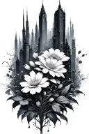 A futuristic cyberpunk cityscape with hidden gaming references intertwined with delicate flowers tattoo design idea