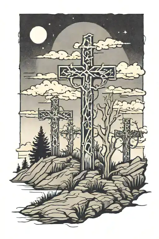 3 crosses on a hill dark sky tattoo design idea