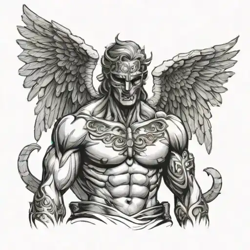 muscular angel full body and old mask on his face tattoo design idea