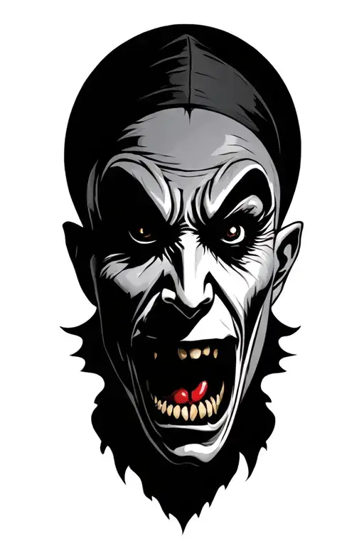 evil jester head holding tattoo design idea