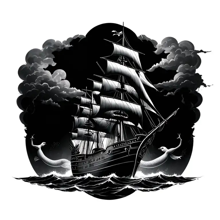 pirate ship sailing through stormy with topless mermaids tattoo design idea