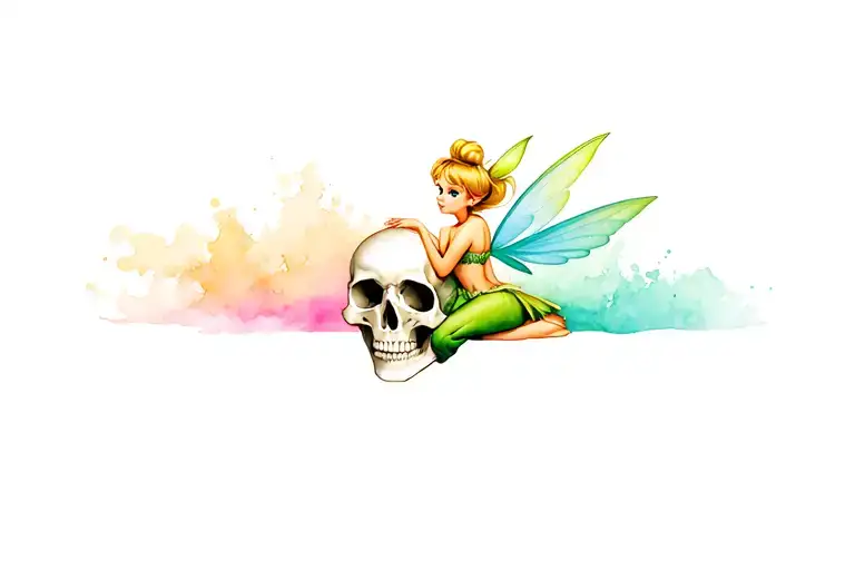 tinkerbell sitting on a skull tattoo design idea