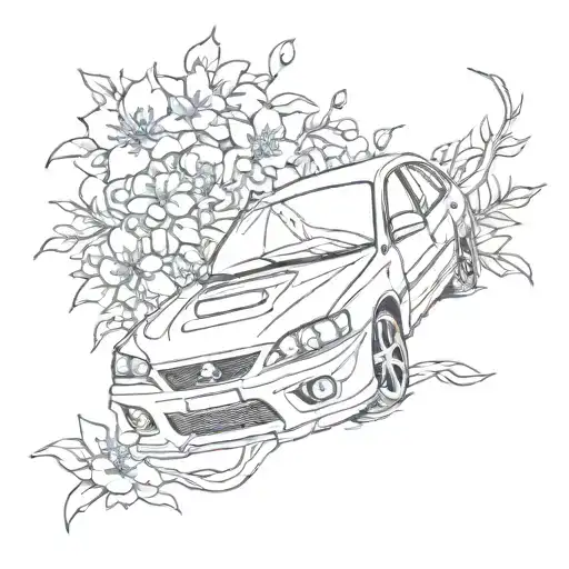 2008 mistubishi lancer with flowers growing around it, jdm style, fine line minimalistic  tattoo design idea