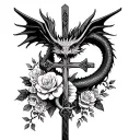 dragon holding cross and ankh with roses, vines, and magnolias tattoo design idea