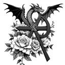 dragon holding cross and ankh with roses, vines, and magnolias tattoo design idea