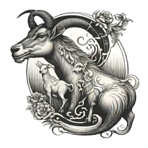 lone wolf incorporating a goat, 2 fishes portrayed like yin and yang and the number 96 tattoo design idea