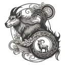 lone wolf incorporating a goat, 2 fishes portrayed like yin and yang and the number 96 tattoo design idea