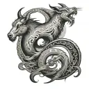 lone wolf incorporating a goat, 2 fishes portrayed like yin and yang and the number 96 tattoo design idea