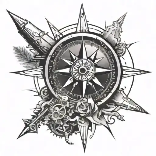 A black-grey design of a compass rose with elements of camping gear and 4x4 tracks, representing a passion for exploration and adventure tattoo design idea
