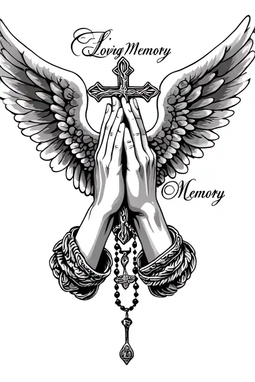 "In Loving Memory" "In Loving Memory" Praying Hands, Rosary beads intertwined with cross, Wings, Realism tattoo design idea