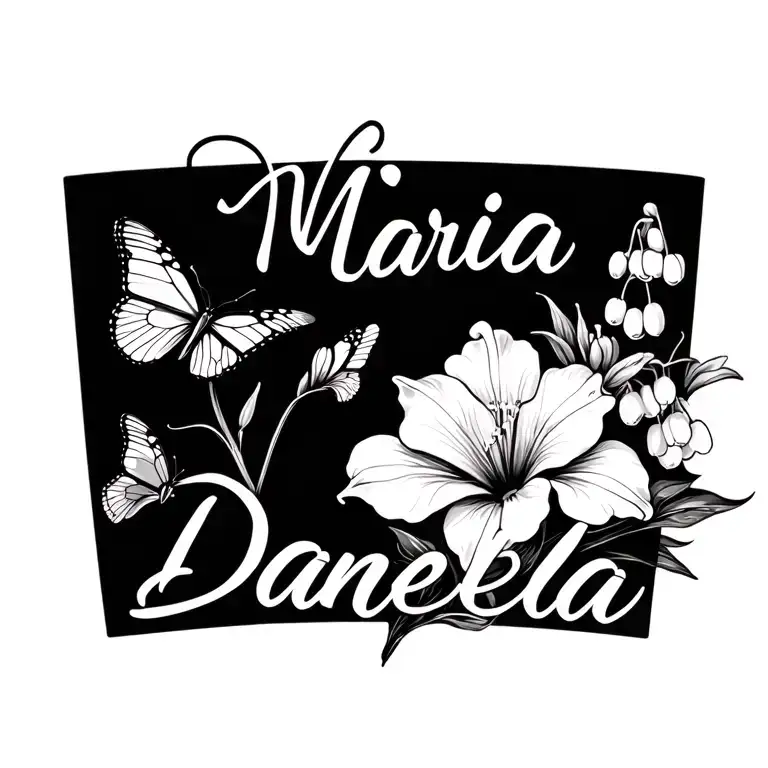lily of the valley flower with the name "maria Daniela" in script and there is habbiscus flowers with butterflies  tattoo design idea