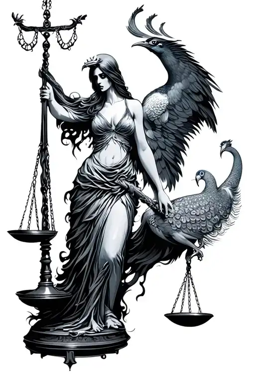 lady justice grim reaper time japanese phoenix peacock tattoo design idea