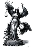 lady justice grim reaper time japanese phoenix peacock tattoo design idea
