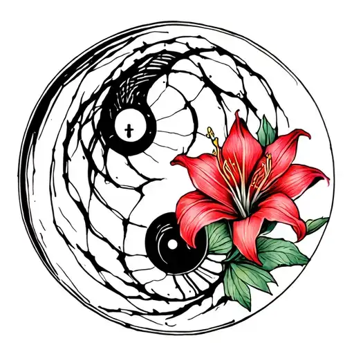 Yin symbol with spiderlily flower as yang hole tattoo design idea