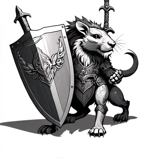 armored lion with shield of an armored rat with sword tattoo design idea