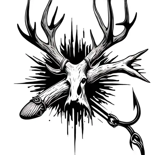 antler and fishing hook cross made tattoo design idea