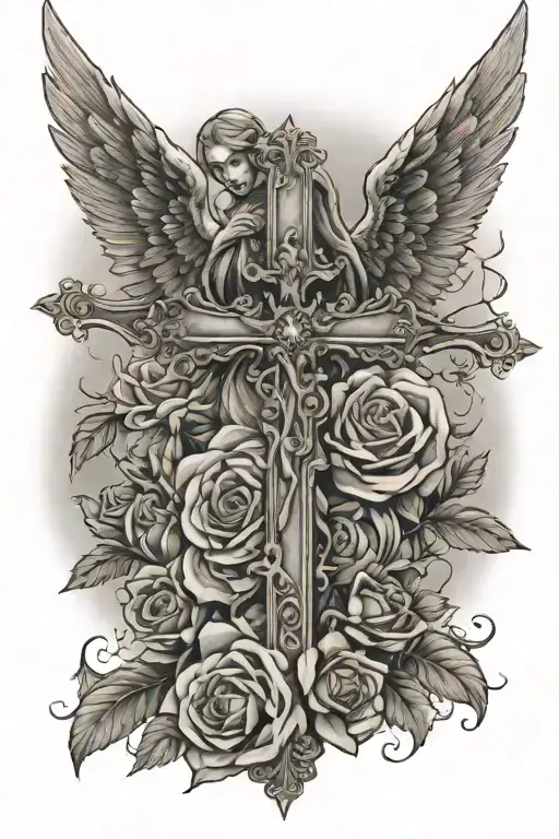 cross that's not filled in with roses, and a angel looking down on it tattoo design idea