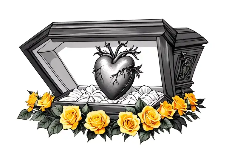 Casket with realistic heart inside surrounded by yellow roses tattoo design idea