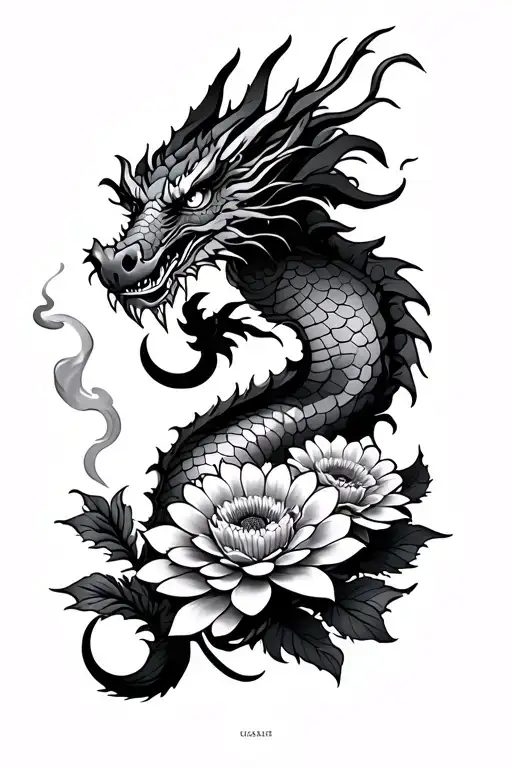 A tattoo on the arm with a dragon and 3 chrysanthemums that could hold on a Japanese style arm and smoking it tattoo design idea