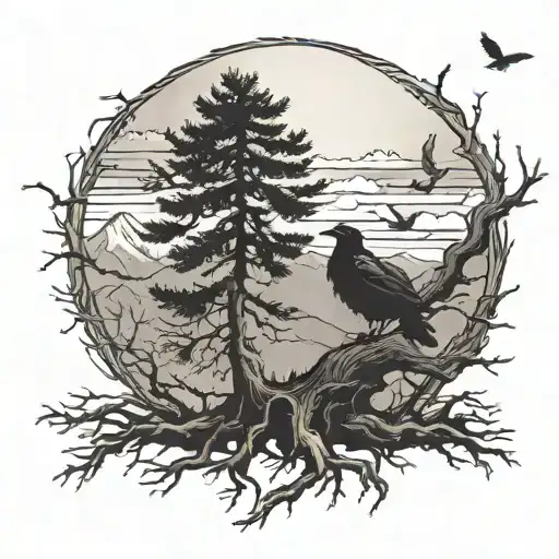 far shot of old spruce tree with deep roots surrounded by a bunch of ravens with mountains and the sun in the background tattoo design idea