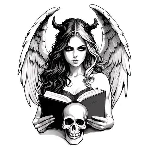 woman half demon half faced angel that is holding a book and a skull tattoo design idea