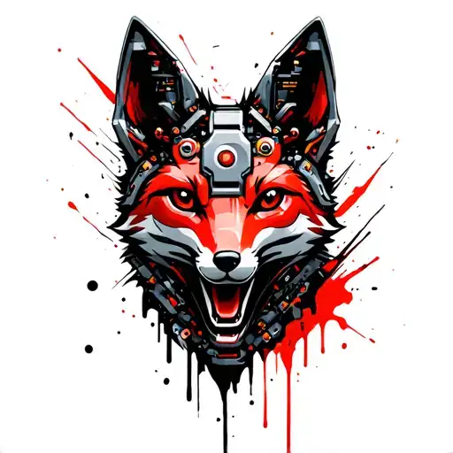 Mechanical fox head made of battery parts. Battery parts should look like they are charging. Less red color. tattoo design idea