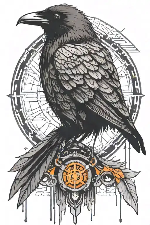 cyberpunk raven with orange eyes tattoo design idea