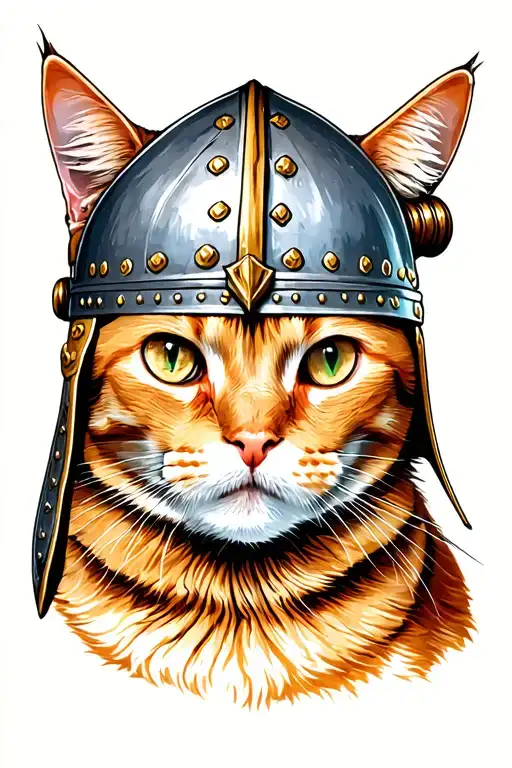 a ginger cat wears a Gimli Viking helmet tattoo design idea