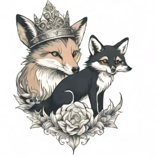 a little boy wearing a crown, together with a rose, and a fox, side by side looking at the galaxy tattoo design idea