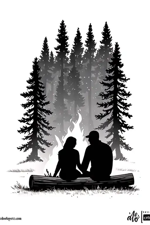 silhouette of mom and dad sitting back on a log in front of a fire with a background of a forest filled with pine treeS tattoo design idea
